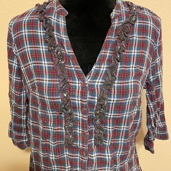 Converse Plaid Button Down Shirt w Ruffle - Picture 2 of 7